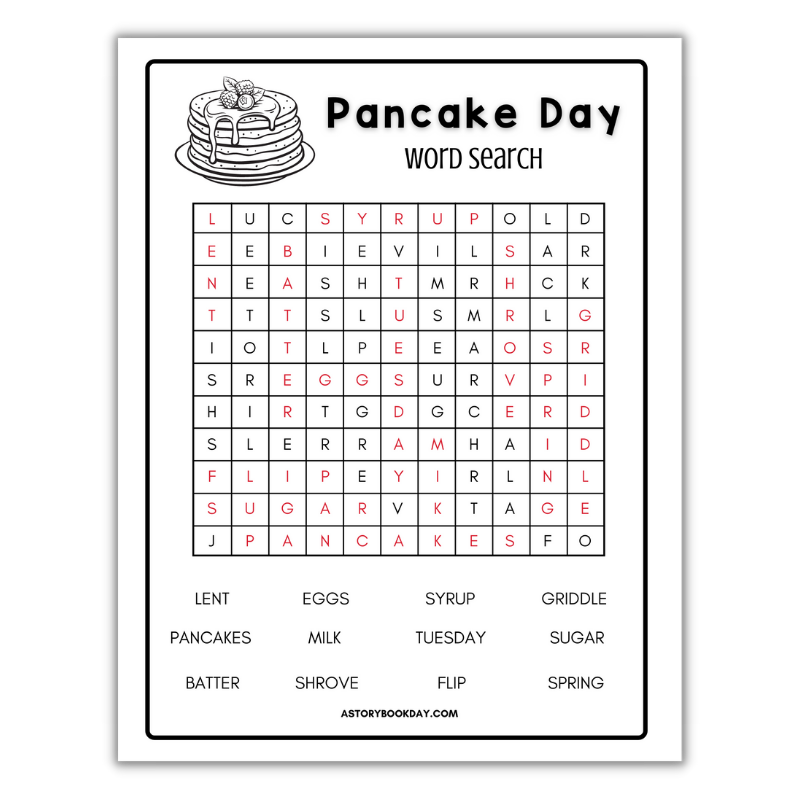 Free Printable Pancake Day Word Search for Kids @ AStorybookDay.com