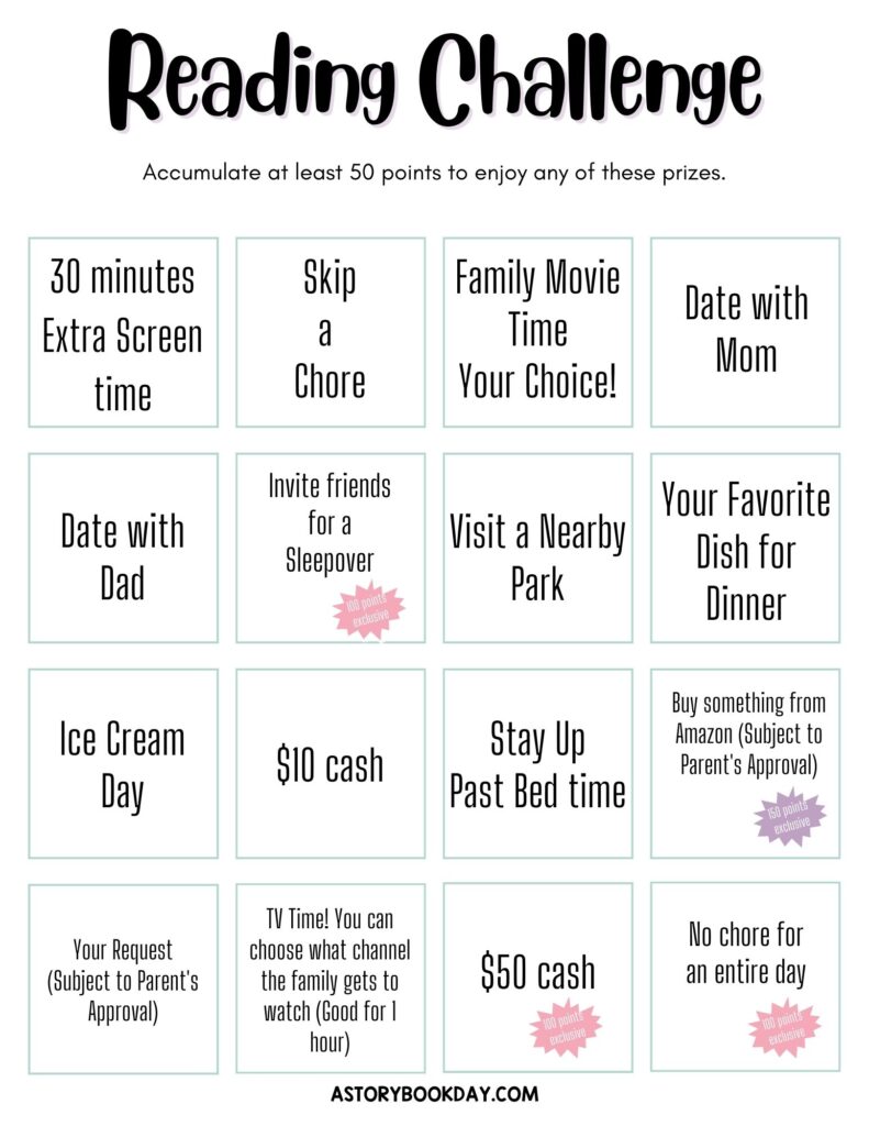 Free Printable Pick-a-Prize Reading Challenge for Kids @ AStorybookDay.com