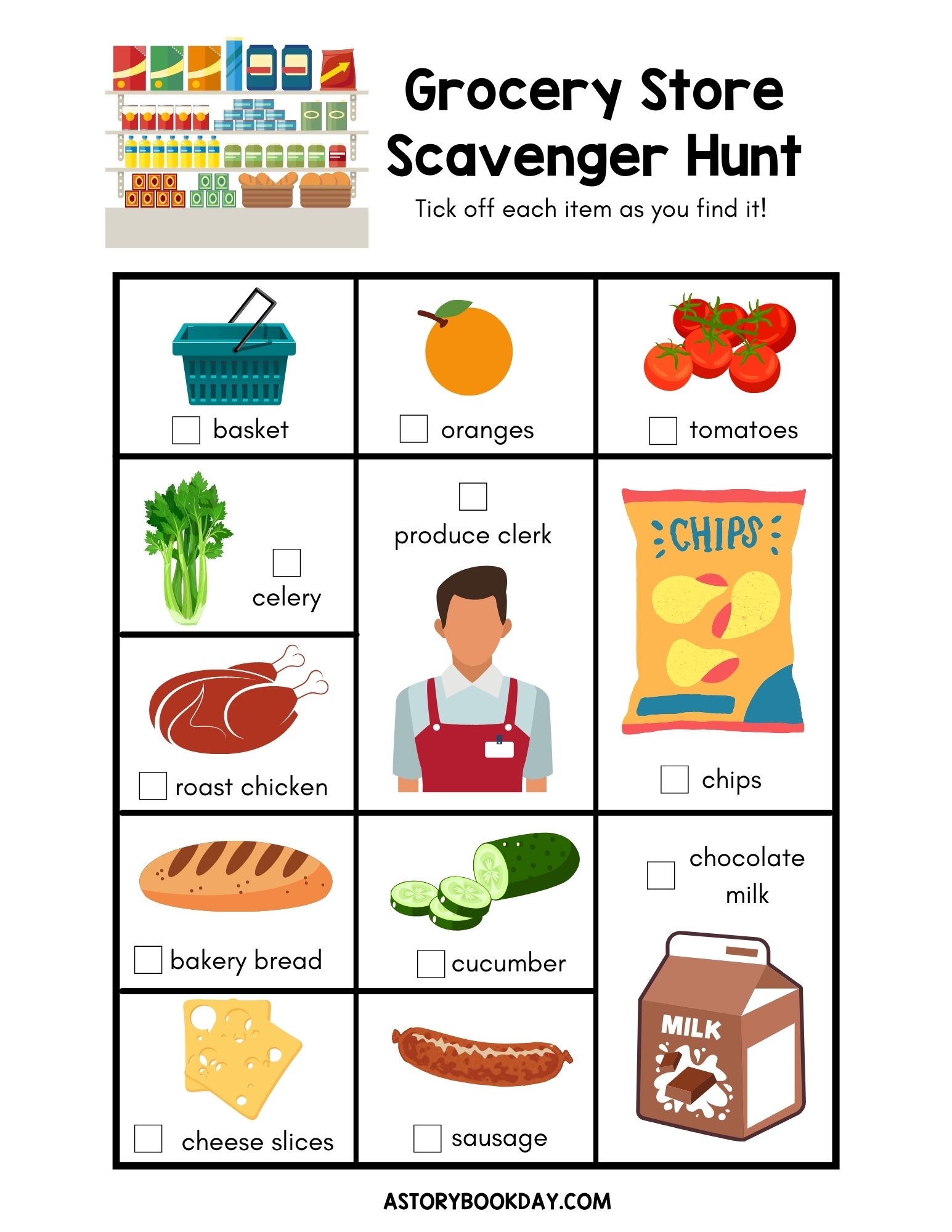 Print out this Free Grocery Store Scavenger Hunt for Kids and Have Fun!