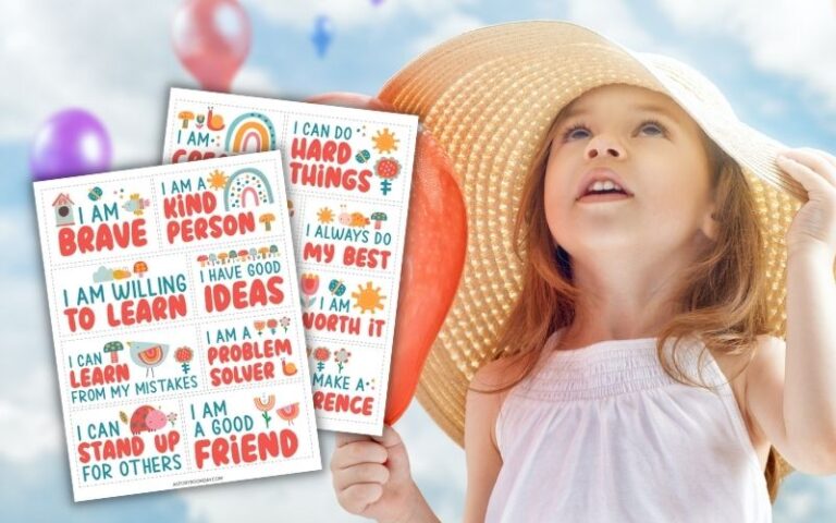 Positive Affirmation Cards for Kids and a girl holding a balloon looking up at the sky filled with balloons