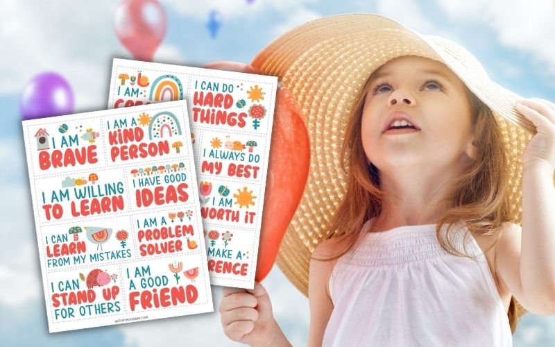 Positive Affirmation Cards for Kids and a girl holding a balloon looking up at the sky filled with balloons