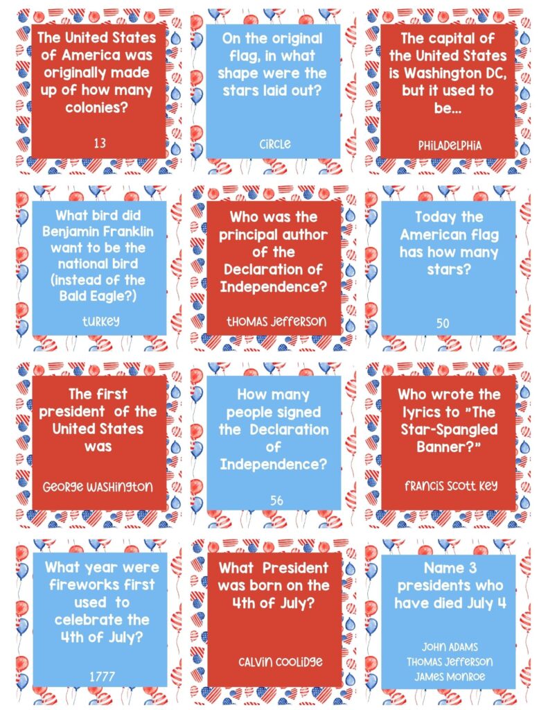 24 Fourth of July Trivia Cards for Kids @ AStorybookDay.com