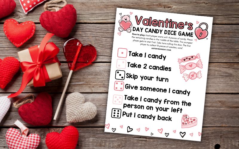 Free Printable Candy Dice Game for Valentine's Day @ AStorybookDay.com