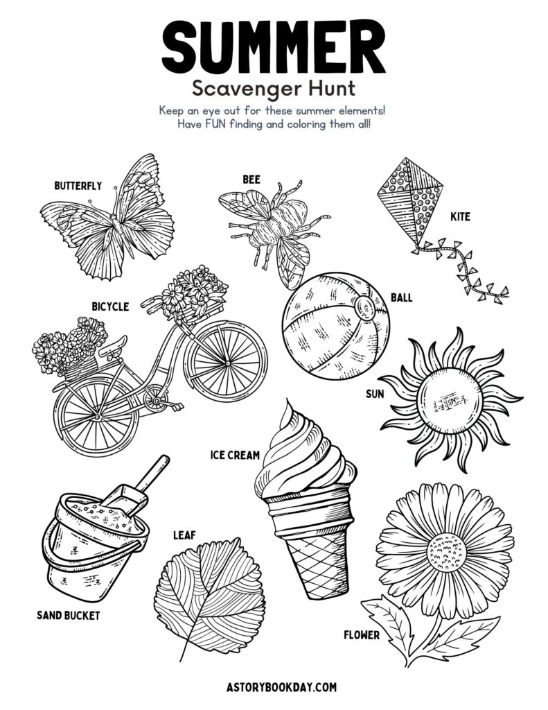 Summer Scavenger Hunt for Kids to Find and Color @ AStorybookDay.com