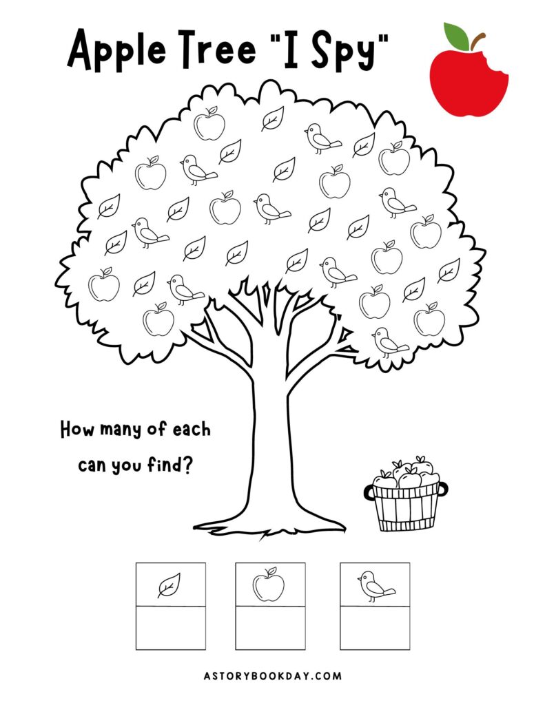 Apple Tree I Spy Worksheet and Game for Kids @ AStorybookDay.com