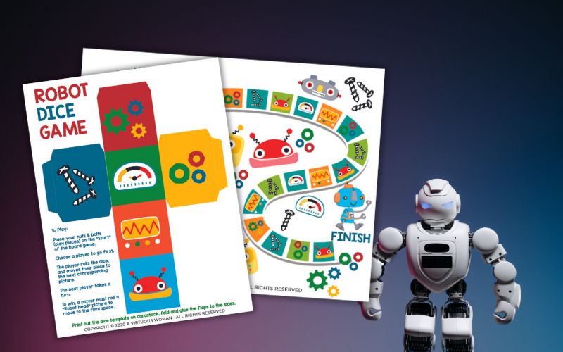 Free Printable Robot Dice Game @ AStorybookDay.com